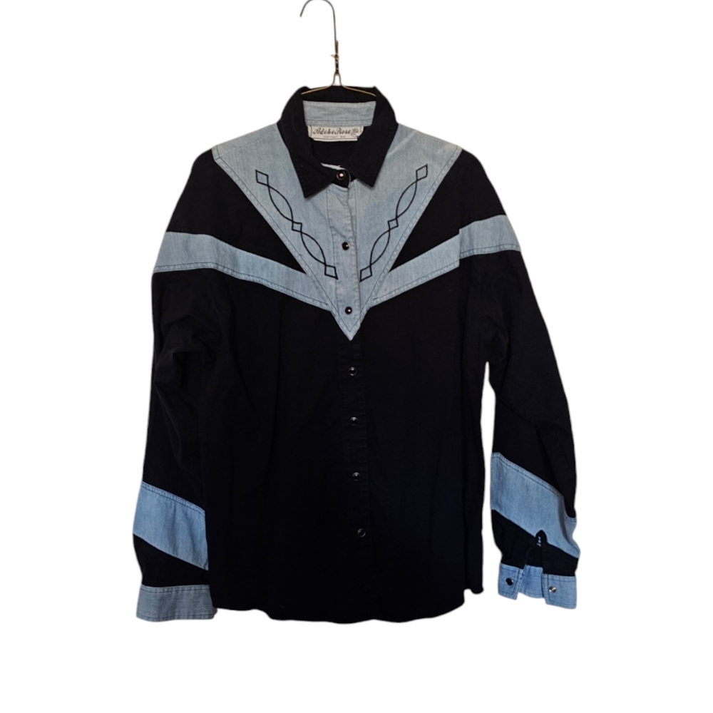 VTG Adobe Rose Women's Western Shirt Med, Black And Blue